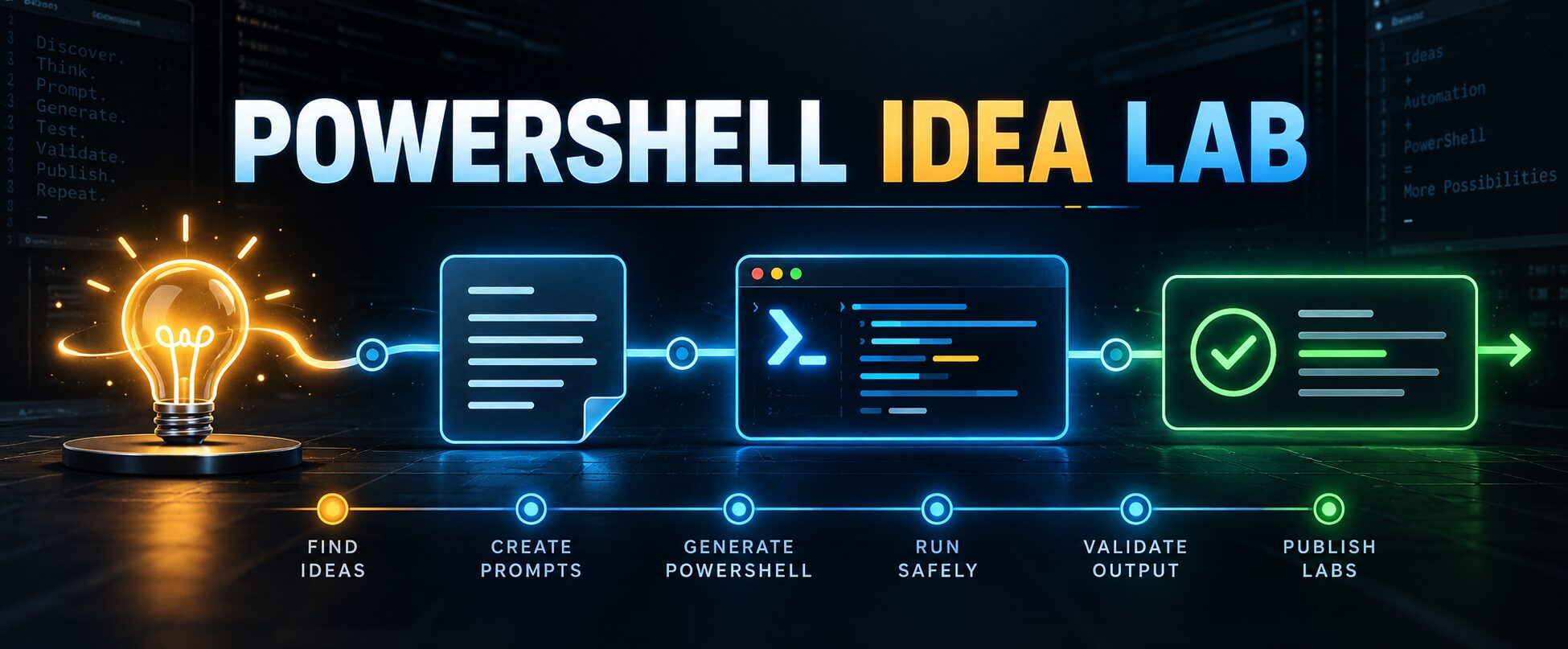 PowerShell Idea Lab flow from idea to prompt to PowerShell to validated output
